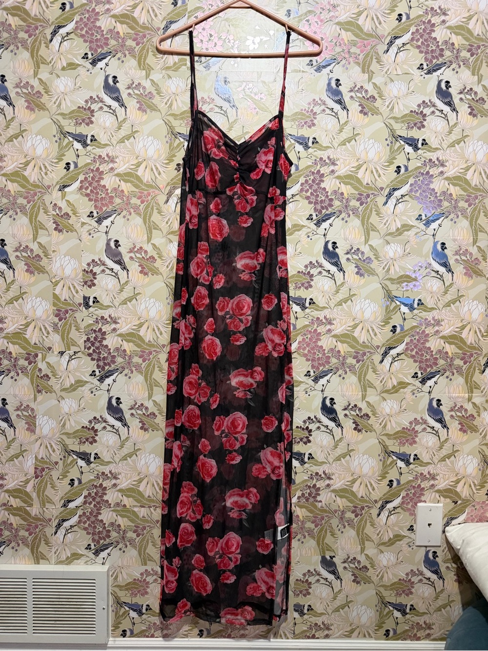 SHEIN Black Maxi Slip Dress with Red Rose Print
